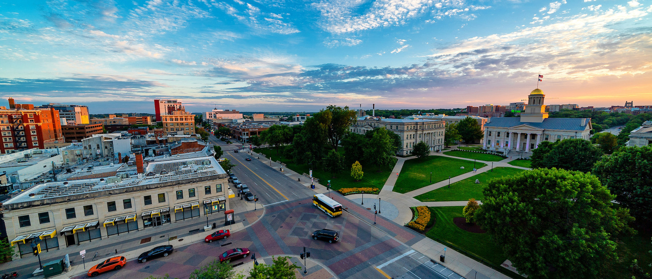 Downtown Iowa City and the Pentacrest on a sunny day