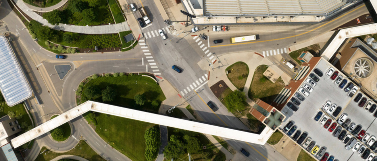 Drone image of Iowa City roads and parking lot 