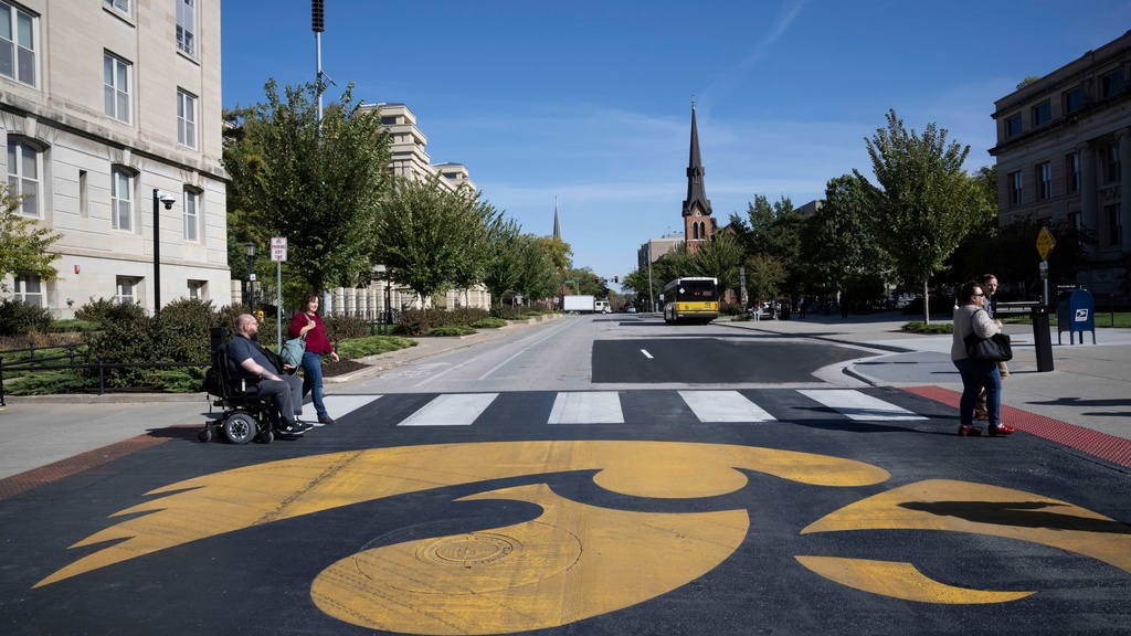 Pedestrian crosswalk painted with a black and gold tiger hawk