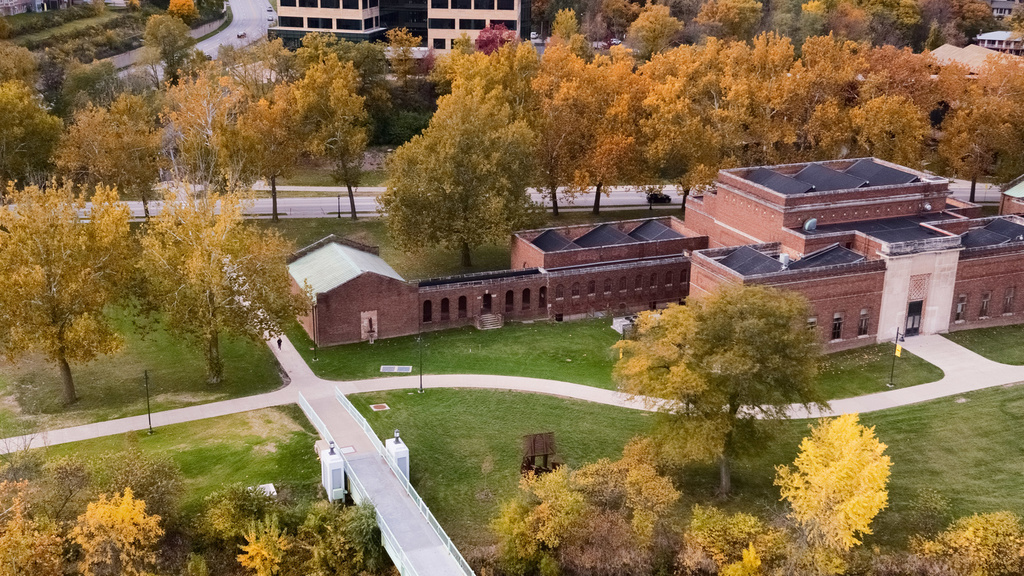An aerial shot of the historic art building